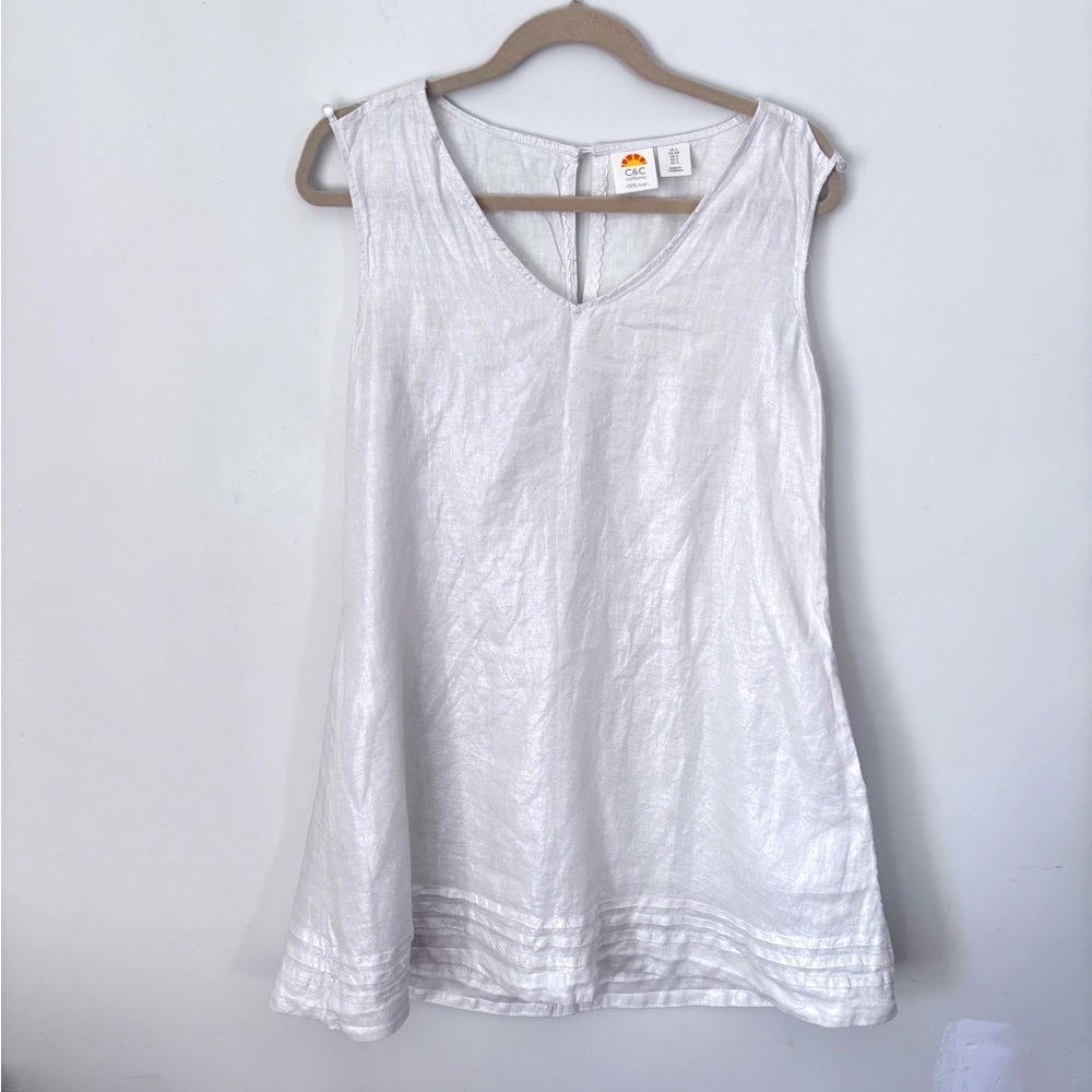 C&C California Women’s 100%Linen White/Silver Metallic Sleeveless Shift Dress S